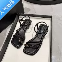 SUNTEK细带凉鞋女2023年夏季新款超火时尚百搭复古洋气低跟套趾罗马鞋子