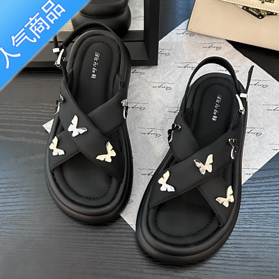 SUNTEK厚底凉鞋女2023夏季新款搭配裙子网红超火小众蝴蝶沙滩松糕罗马鞋