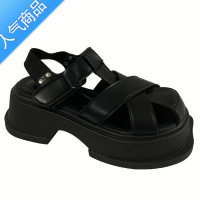 SUNTEK黑色增高厚底包头凉鞋女2023年新款夏季外穿网红百搭软底罗马鞋子