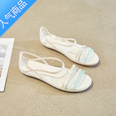 SUNTEK塑料凉鞋女夏季配裙子舒适鱼嘴沙滩鞋洞洞防滑平跟软底妈妈果冻鞋