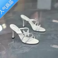 SUNTEK欧美2023夏新款细跟蝴蝶水钻一字带凉鞋女仙女风露趾性感高跟拖鞋