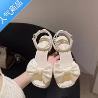 SUNTEK珍珠一字带凉鞋女2023年夏季新款露趾蝴蝶结仙女风配裙子高跟鞋潮