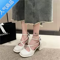 SUNTEK玛丽珍粗跟包头凉鞋女2023年新款交叉浅口夏季一字带高跟单鞋配裙