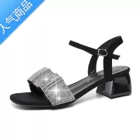 SUNTEK粗跟水钻一字带凉鞋女仙女风2022夏新款配裙子中跟时装高跟女鞋子