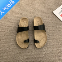 SUNTEK黑色凉拖外穿女鞋子2023年春夏新款圆头套趾软平底一字带百搭凉鞋