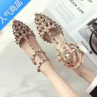 SUNTEK一字扣带凉鞋夏2023新款V家铆钉尖头高跟细跟绑带包头柳丁仙女风