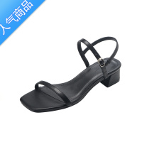 SUNTEK韩版一字扣带方头粗跟百搭凉鞋女2023夏季新款低跟简约网红晚晚鞋