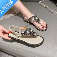 SUNTEK不灵不灵闪的凉鞋女2023新款平底夹趾串珠配裙子罗马鞋大码41-43