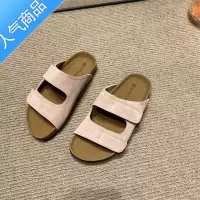 SUNTEK2023年新款纯色软皮凉鞋复古牛绒面魔术贴沙滩外穿一字拖鞋女