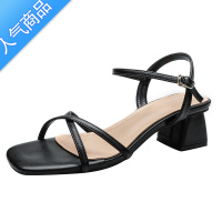 SUNTEK2023年夏季新款韩版简约百搭一字扣中跟方头凉鞋女粗跟配裙子女鞋