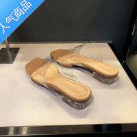 SUNTEK2023夏季新款网红一字带透明平底凉鞋女中跟粗跟水晶跟凉拖鞋外穿