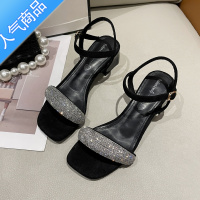 SUNTEK仙女风粗跟水钻凉鞋女2022夏季新款一字带方头露趾高跟鞋配裙子鞋