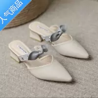 SUNTEK包头凉鞋女夏2022年新款温柔仙女一字带蝴蝶结粗跟法式半拖高跟鞋