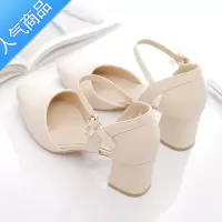 SUNTEK高跟时装凉鞋女2023新款中跟粗跟一字扣搭配裙子包头中空妈妈单鞋