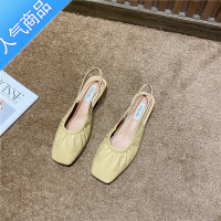 SUNTEK粗跟单鞋女2023年夏季新款韩版方头浅口软皮包头凉鞋女复古奶奶鞋