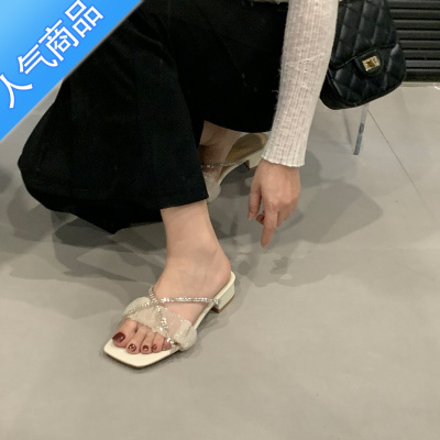 SUNTEK 法式仙女风凉拖鞋夏季粗跟水钻银色网纱时装凉鞋高级感