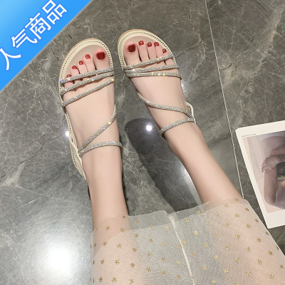 SUNTEK凉鞋女款外穿2023年新款夏季水钻坡跟女鞋外穿厚底仙女风沙滩鞋子