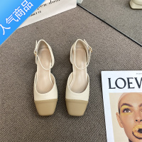 SUNTEK配裙子拼色粗跟凉鞋女2023夏季新款百搭半包头一字带中空低跟单鞋