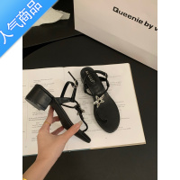 SUNTEK小众法式黑色水钻凉鞋仙女鞋子2023年新款夏季气质粗跟夹趾罗马鞋