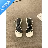 SUNTEK法式方头珍珠一字扣带粗跟凉鞋女2023年夏季新款仙女风夹趾罗马鞋