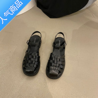 SUNTEK法式平底复古编织仙女鞋子2023新款夏季黑色日系小众包头罗马凉鞋