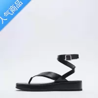 SUNTEK女鞋厚底度假平底凉鞋黑色绑带罗马凉鞋夹趾人字拖女鞋增高百搭