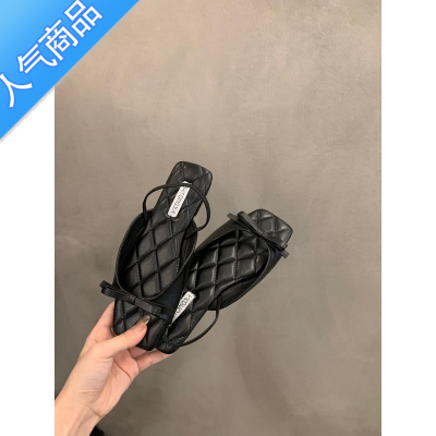 SUNTEK小众法式黑色露趾凉鞋女鞋子2023年新款夏季蝴蝶结软底沙滩罗马鞋