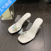 SUNTEK@强推自留~蝴蝶结夹趾透明凉拖鞋女夏外穿方头粗跟水晶高跟凉鞋女