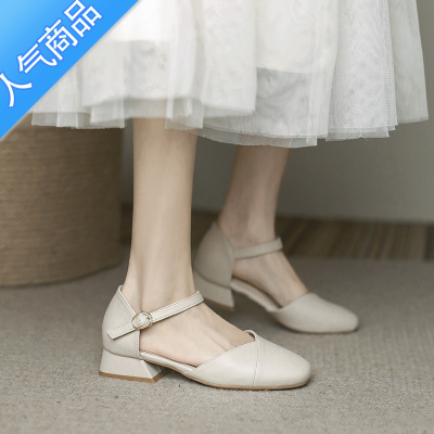 SUNTEK包头凉鞋女2023年春季新款仙女风配裙子温柔单鞋中粗跟玛丽珍女鞋