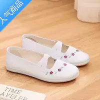 SUNTEK白色绣花浅口帆布鞋女学生体操鞋舞蹈鞋小白鞋平跟跑步鞋晨练鞋