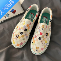 SUNTEK小众彩色棋盘格懒人套脚帆布鞋女个性百搭一脚蹬韩版板鞋夏季布鞋