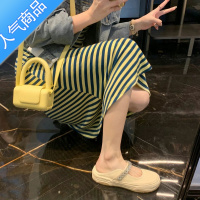 SUNTEK羊皮版~外穿水钻厚底帆布拖鞋女夏帆布鞋包头松糕半拖鞋半托