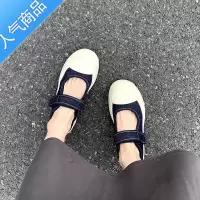 SUNTEK羊皮版~圆头百搭魔术贴一字带厚底单鞋女夏季帆布鞋松糕鞋潮