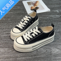 SUNTEK粉色厚底帆布鞋女2023春夏新款增高软底低帮板鞋黑色百搭学生布鞋