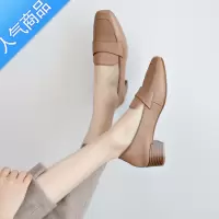 SUNTEK粗跟单鞋女2023春夏新款韩版中跟乐福鞋一脚蹬小皮鞋女奶奶鞋