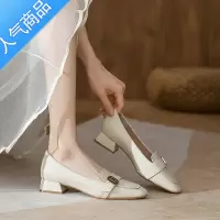 SUNTEK浅口单鞋女粗跟2023春秋新款百搭方头乐福鞋中跟正装小皮鞋夏