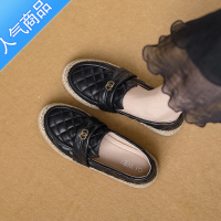 SUNTEK小香风渔夫鞋女2023年秋季新款编织一脚蹬黑色乐福鞋平底懒人单鞋