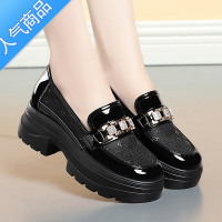 SUNTEK春夏新款小码厚底乐福鞋亮皮单鞋轻便网面透气女鞋粗跟一脚蹬皮鞋