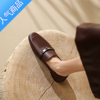 SUNTEK2022新款棕色法式复古一脚蹬单鞋软皮平底豆豆鞋英伦乐福鞋女