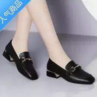 SUNTEK乐福鞋女皮鞋粗跟中跟单鞋秋季黑色一脚蹬软底春秋妈妈工作鞋