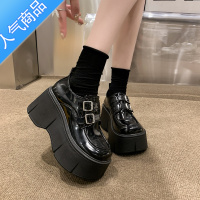 SUNTEK黑色小皮鞋女2023复古英伦风金属扣厚底增高鞋子小个子高跟乐福鞋