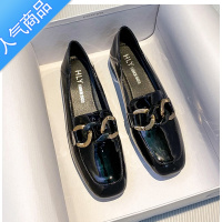 SUNTEK粗跟漆皮乐福鞋女2022春秋新款气质金属扣一脚蹬懒人方头小皮鞋女