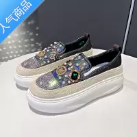 SUNTEK厚底懒人乐福鞋女2023夏季新款网纱透气一脚蹬单鞋水钻珍珠渔夫鞋