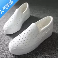 SUNTEK夏季镂空帆布鞋厚底女鞋平底一脚蹬懒人鞋透气乐福鞋皮面休闲板鞋