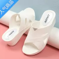 SUNTEK高跟凉拖鞋女夏季白色防滑黑色厚底坡跟增高一字沙滩拖鞋室内外穿