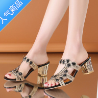 SUNTEK2022夏季新款高跟粗跟韩版外穿一字拖水钻花朵女凉拖性感淑女拖鞋