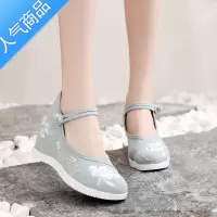 SUNTEK新款老北京布鞋女古装汉服古风内增高跟民族风舞蹈厚底坡跟绣花鞋