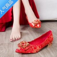 SUNTEK红色结婚婚鞋女2020新款踩堂新娘鞋低跟高跟粗跟红鞋平底秀禾单鞋