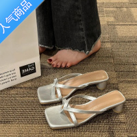 SUNTEK3233小码高跟拖鞋小跟凉拖2023一字带外穿人字拖夏季新款凉鞋34