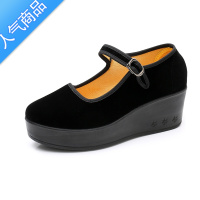 SUNTEK老北京布鞋女士高跟鞋黑色单鞋工作布鞋舒适松糕鞋舞蹈鞋妈妈鞋